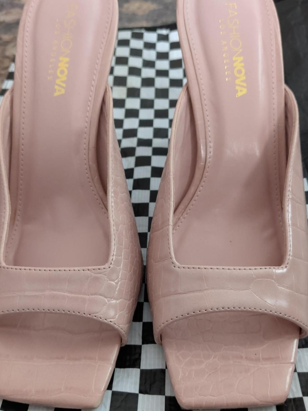 Fashion Nova Blush Pink Croc-Textured Square-Toe Mules